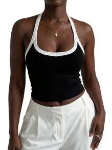 Plus Size Sexy Minimalist Ribbed Spaghetti Strap Fitted Camisole, Suitable For Daily, Commute, Street, Date, Workout Casual Summer - Black and White - View 1