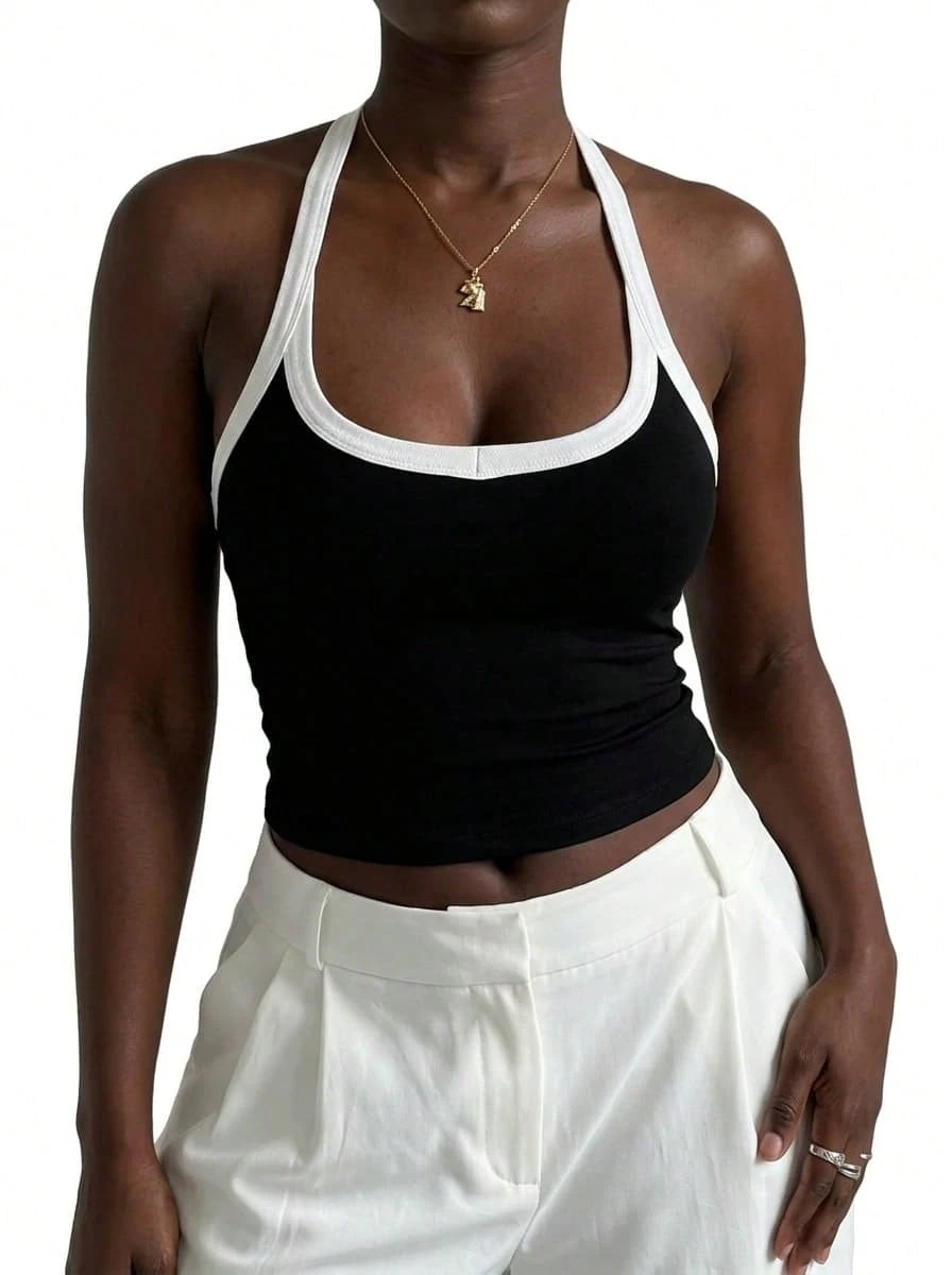 Plus Size Sexy Minimalist Ribbed Spaghetti Strap Fitted Camisole, Suitable For Daily, Commute, Street, Date, Workout Casual Summer - Black and White - View 1