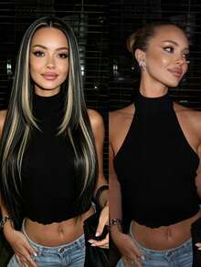26 Inch Women's Long Straight Synthetic Wig With Highlights, Heat-Resistant Semi-Woven Hair, Smooth And Realistic, Suitable For Daily Wear, Cosplay And Various Occasions, Halloween - Piano Color - View 4