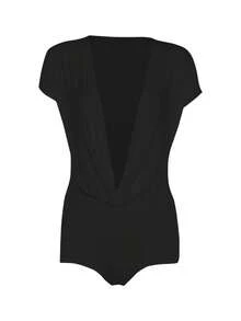 Pelele Coqueta Sexy de gato extraño para mujer, pantalones cortos de manga con cuello en V profundo, faja fruncida con nudo de retales, monos ajustados de calle para Club de medianoche - Negro - Ver 1