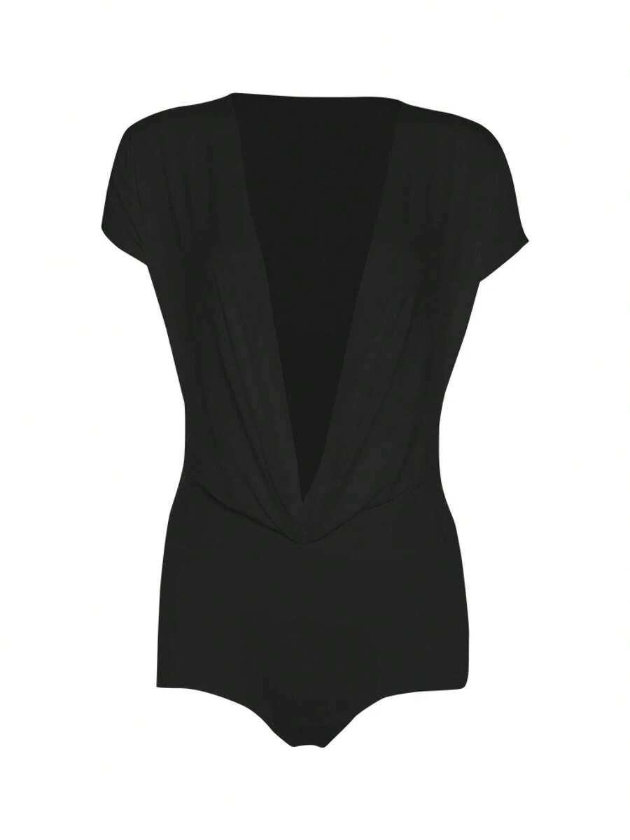 Pelele Coqueta Sexy de gato extraño para mujer, pantalones cortos de manga con cuello en V profundo, faja fruncida con nudo de retales, monos ajustados de calle para Club de medianoche - Negro - Ver 1