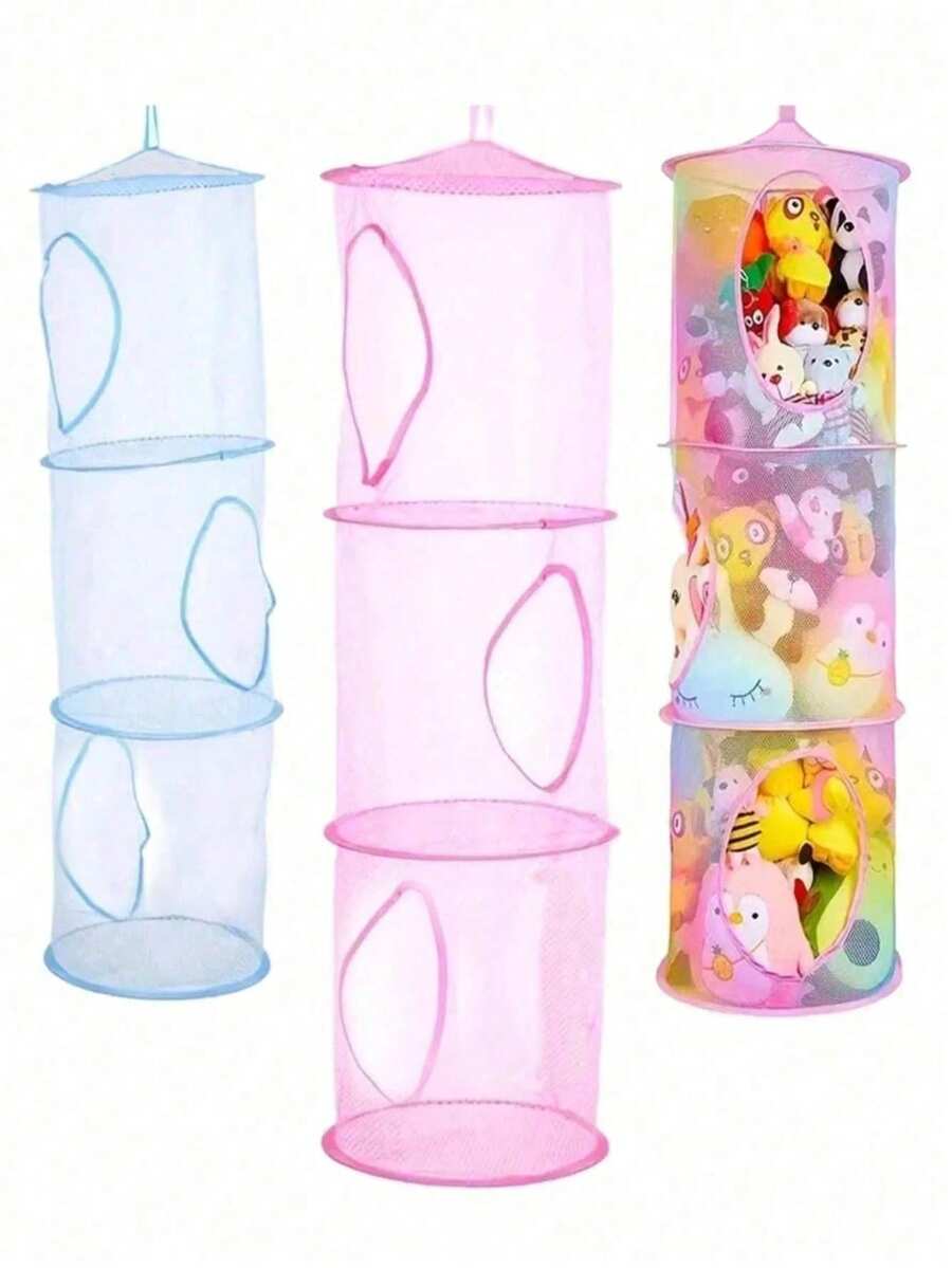 1 Stück Mesh Hänge-Aufbewahrungskorb, zusammenklappbare Plüschpuppen-Aufbewahrungstasche, Mesh-Organizer-Korb, platzsparend für Spielzeug, Handschuhe, Hüte, Socken, Aufbewahrungskorb, Wandschrank, hängende Tasche Aufbewahrung, dreistöckiger Aufbewahrungskorb