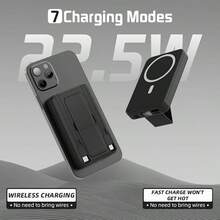 GAWFOLK 快速充電磁吸行動電源 10000mAh 大容量 22.5W 快充 附內建支架與兩條充電線 可同時為 5 台裝置充電 LED 數位顯示 磁吸充電 適用 17/16/15/14/13 Pro/Pro Max 適合露營、飛行、海邊、辦公室，節慶、母親節、陣亡將士紀念日、夏季開端理想禮物 - 豪華款10000毫安行動電源(附支架自備兩條電源線黑色 - 查看 1
