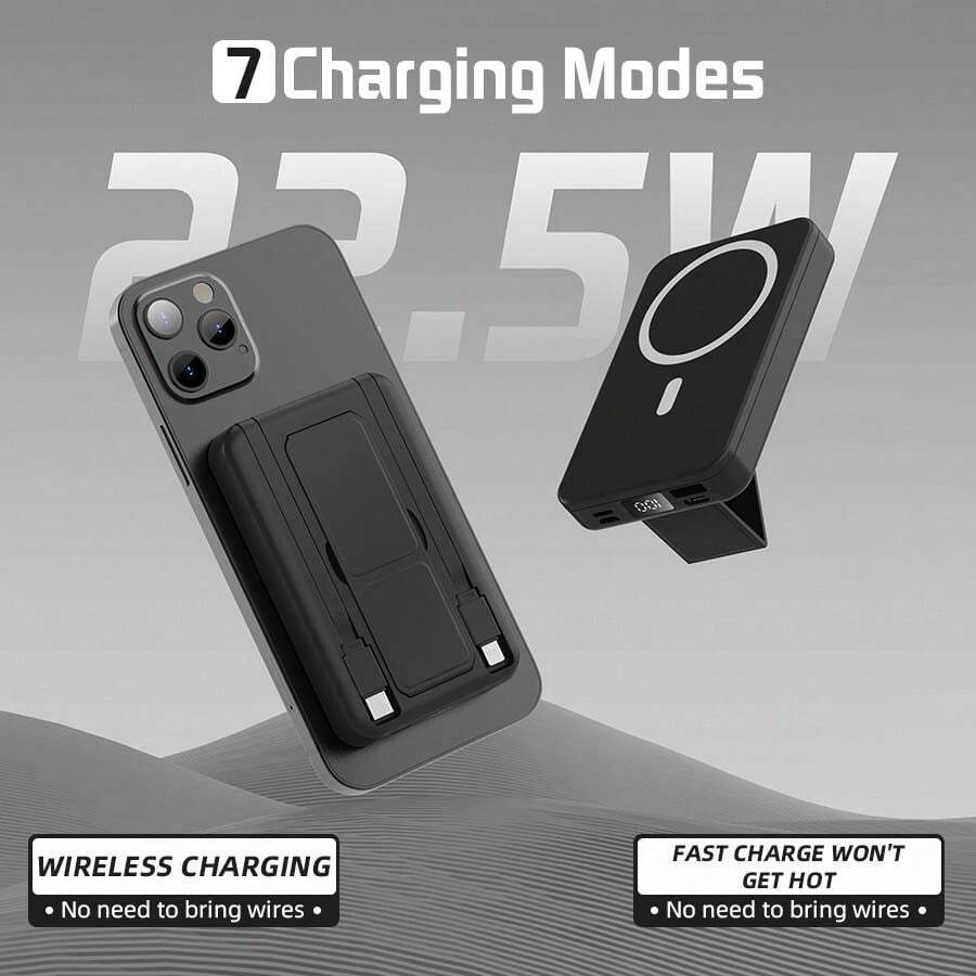 GAWFOLK 快速充電磁吸行動電源 10000mAh 大容量 22.5W 快充 附內建支架與兩條充電線 可同時為 5 台裝置充電 LED 數位顯示 磁吸充電 適用 17/16/15/14/13 Pro/Pro Max 適合露營、飛行、海邊、辦公室，節慶、母親節、陣亡將士紀念日、夏季開端理想禮物 - 豪華款10000毫安行動電源(附支架自備兩條電源線黑色 - 查看 1