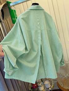 Women's Blue & White Striped Shirt, Loose Fit, Tie Back Design, Suitable For Commuting, Casual Wear, Beach, Vacation - Green - View 4