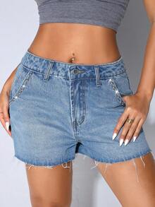 Women's Summer Low Waist Rhinestone Decorated Sexy Casual Denim Shorts - Periwinkle Blue - View 4