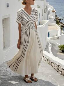 2026 Women's Loose-Fitting Simple Versatile Striped Printed Dress - 黑白條紋 - 查看 1