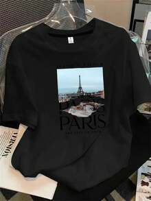 Top de mujer de manga corta y cuello redondo con estampado de la Torre Efit en la azotea, apto para todas las estaciones. - Negro - Ver 1