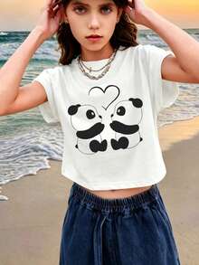 Tween Girl Summer Short Rolled Sleeve T-Shirt, Cute Panda Heart Pattern, Sweet Style - White - View 2