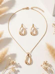 2pcs/Set Autumn/Winter Elegant Minimalist Necklace + Stud Earrings Women's Jewelry Set, Fashion Geometric Hollow Circle & Water Drop Pendant, Flat Snake Chain & Round Snake Chain Double Layer Design Clavicle Chain, Daily Casual, Party, Holiday Versatile Accessory - Yellow Gold - View 3