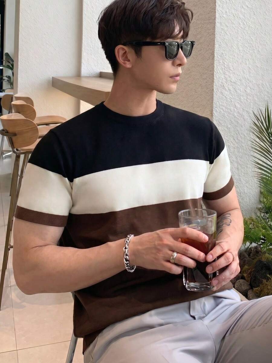 Men's Summer Round Neck Contrast Color Short Sleeve Knit Sweater, Suitable For Summer Outings, Fashion Essential
