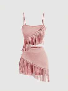 MOD Conjunto de 2 piezas rosa con flecos, atuendo para festival de música, atuendo western para mujer - Rosa - Ver 1