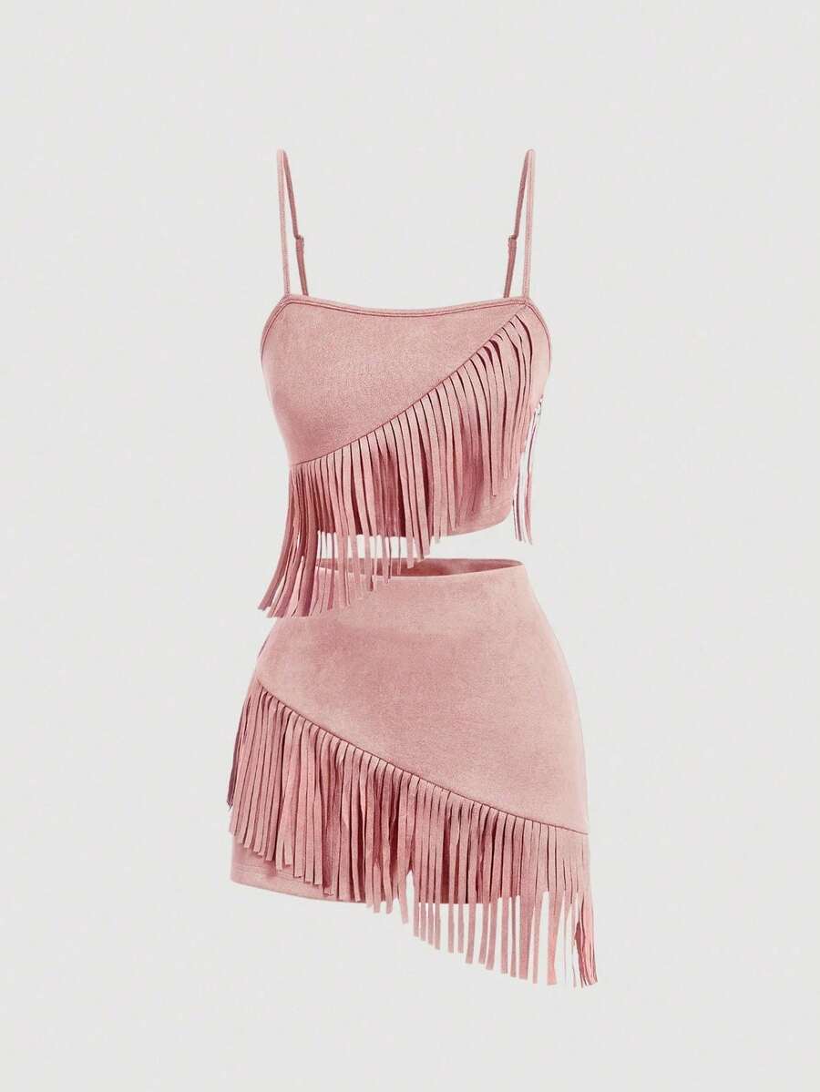 MOD Conjunto de 2 piezas rosa con flecos, atuendo para festival de música, atuendo western para mujer - Rosa - Ver 1