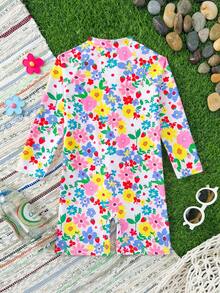 Young Girl Floral Print Zipper Front Casual Beach One-Piece Swimsuit - Multicolor - View 2