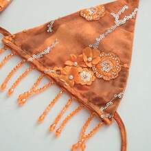 Boho Floral Beaded Tassel 3 Piece Bikini Set Halter Triangle Thong Bikini With Mesh Sarong Skirt Cover Up Y2K Festival Beach Swimwear - Bikini - Ver 4
