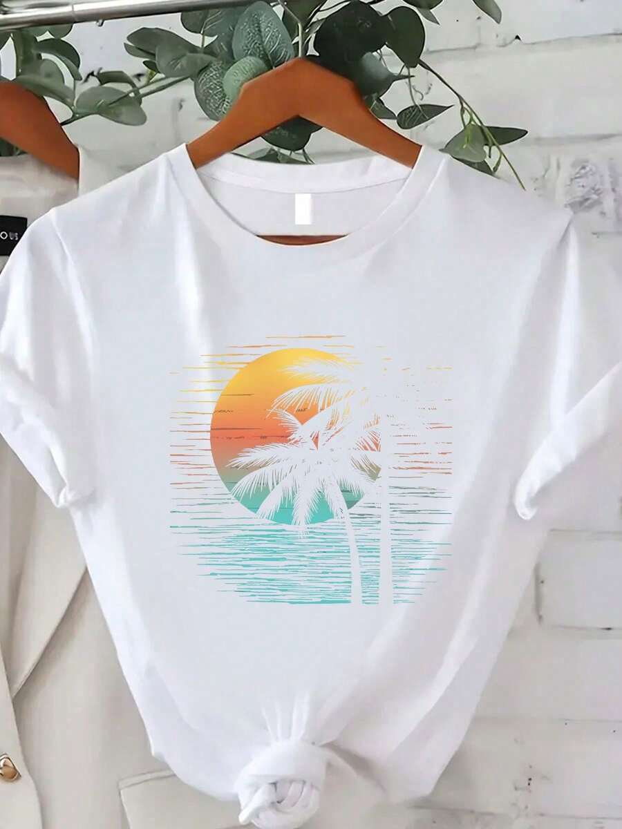 100% Cotton Women's T-Shirts 2026 With Sunset Coconut Tree Print, Fashionable Summer Women's T-Shirt, Casual, Comfortable, Soft, Sporty And Suitable For - 白色 - 查看 1