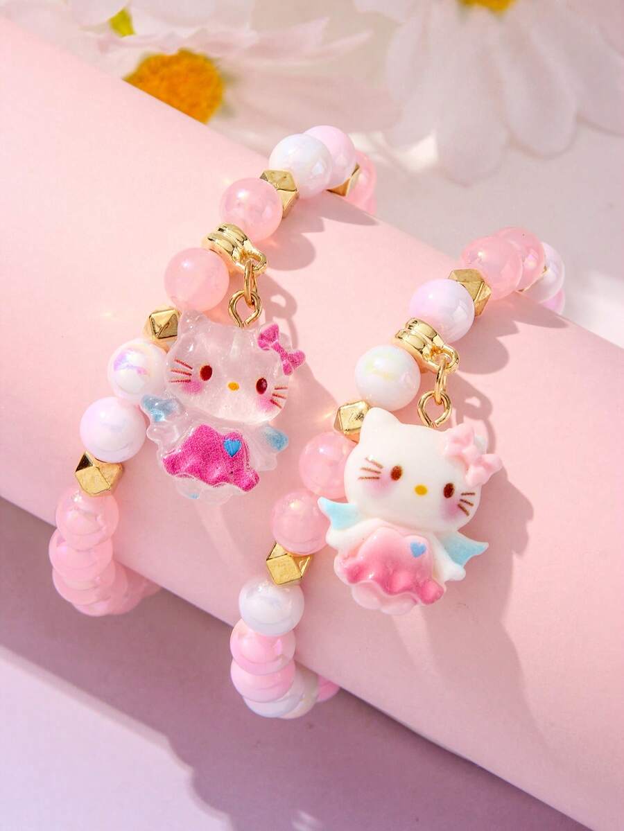 2pcs/Set Sanrio Kids Jewelry Cute Kitty Pendant Beaded Bracelet Set, Suitable For Holiday Party School Birthday Gift Girls Accessory - Multicolor - View 1