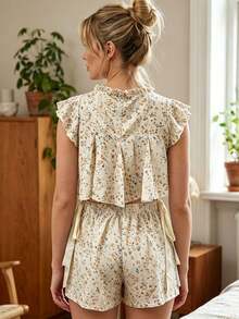 Women's Pajamas Set 2 Piece Floral Pattern Ruffled Bowknot Tie Front V-Neck Flutter Sleeve Tops With Shorts Sleepwear Outfits - Yellow - View 5