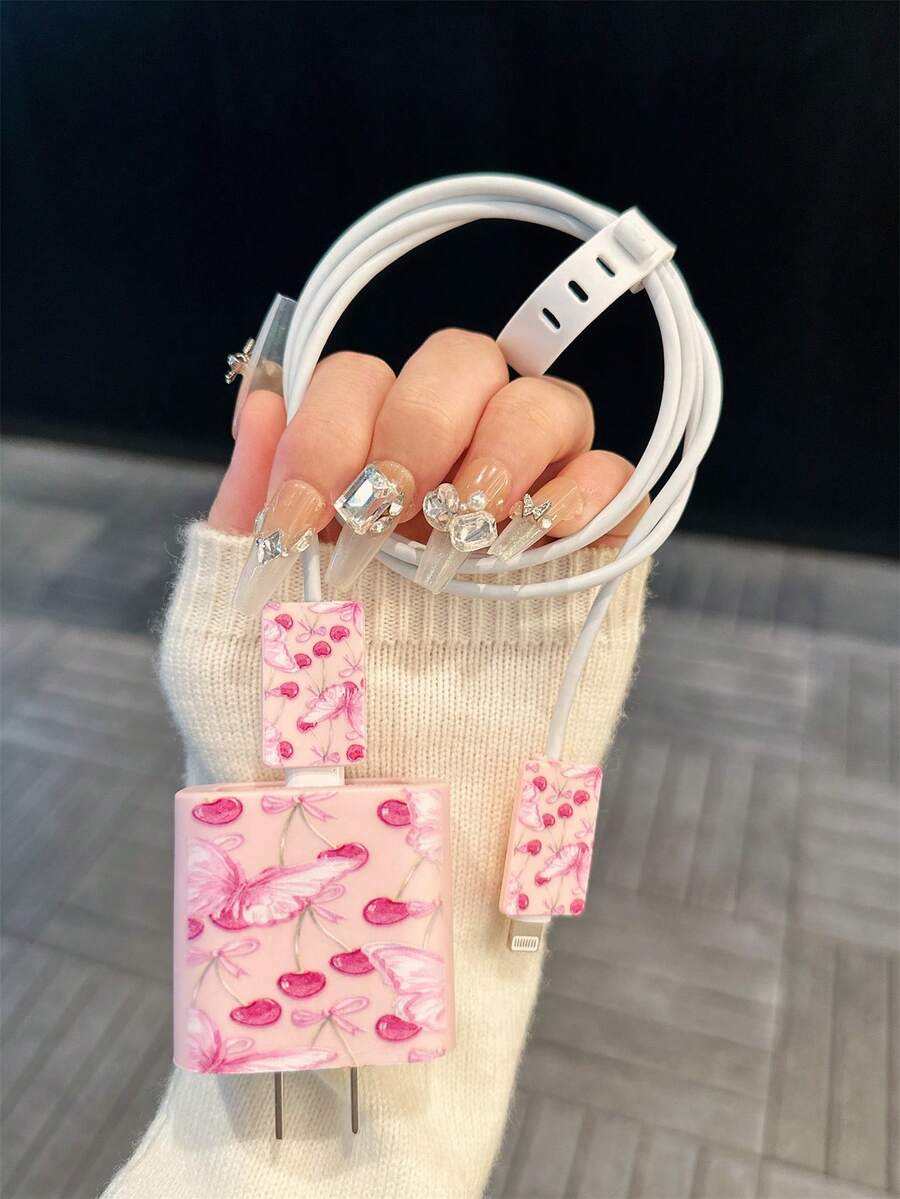 4件組蝴蝶拼接櫻桃蝴蝶結圖案充電器保護套組，適用於Apple 18/20W充電器，防止線材龜裂、防污，可愛時尚日韓風設計，節日小禮物，送給好友女友 - 彩色 - 查看 1