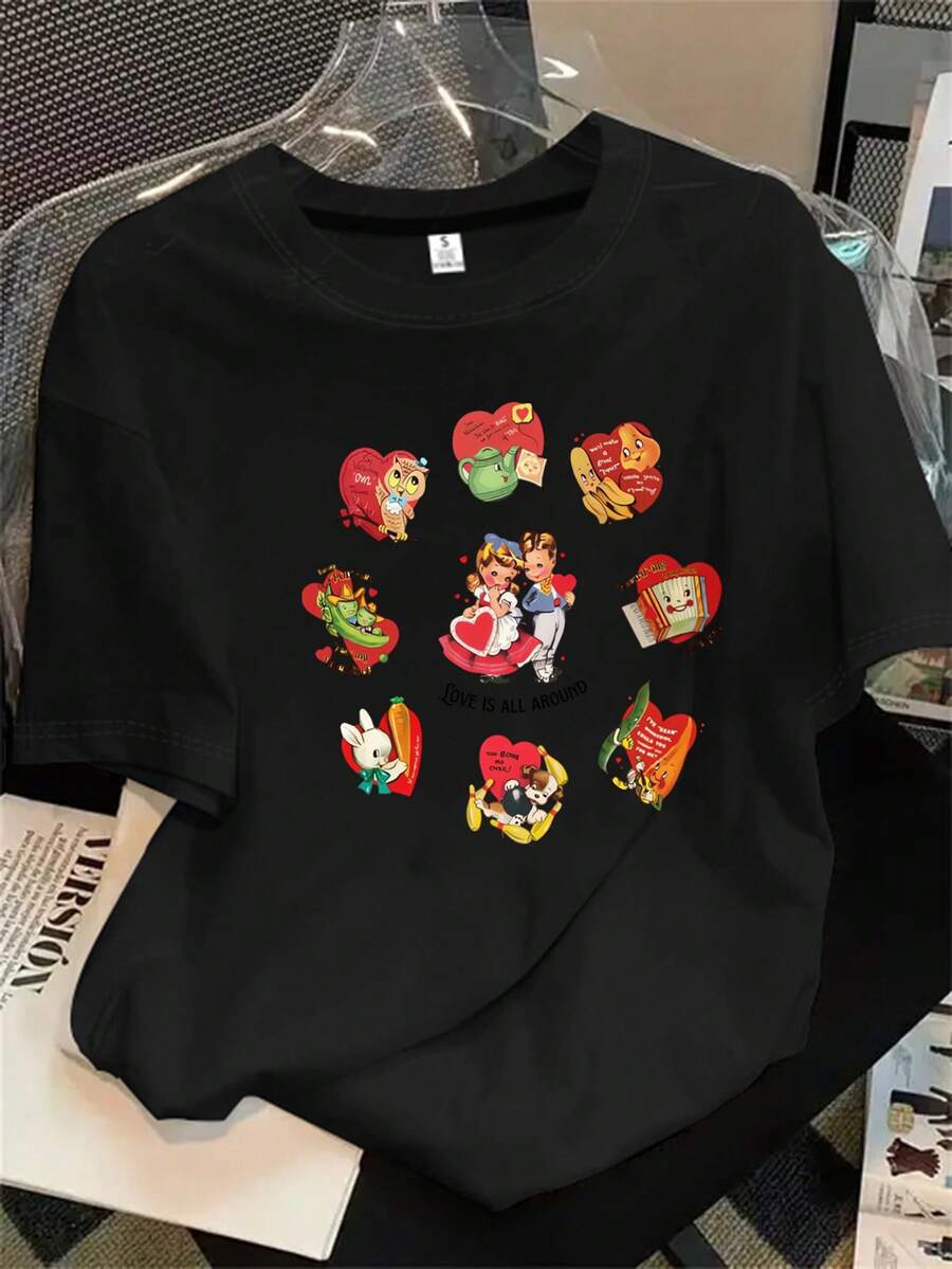 Top de mujer de manga corta y cuello redondo con estampado de personaje de dibujos animados, apto para todas las estaciones. - Negro - Ver 1