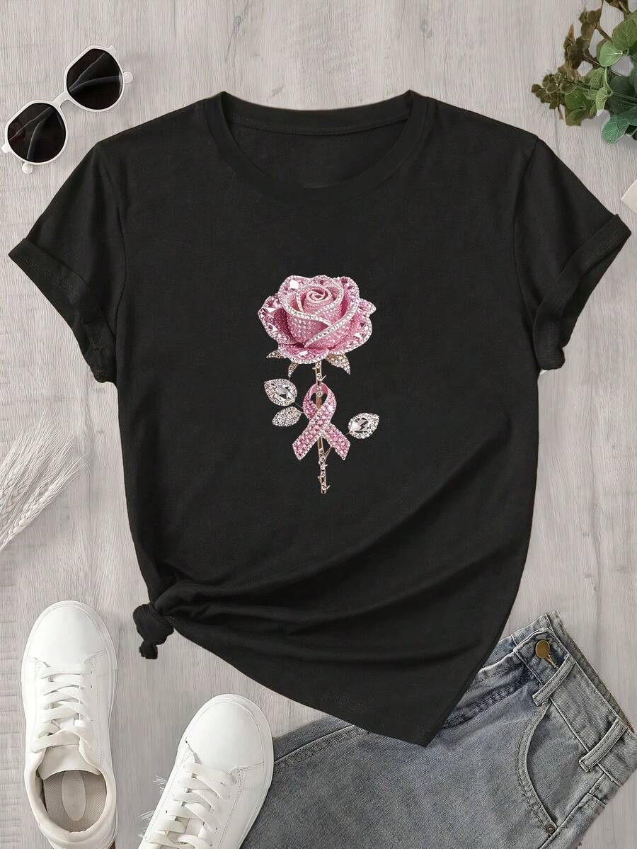 Top de mujer de manga corta y cuello redondo con estampado de rosas rosas y rombos, apto para todas las estaciones. - Negro - Ver 1