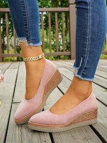 European And American Style Suede Solid Color Slip-On Casual Plus Size Women's Shoes, Spring/Autumn New Pointed Toe Wedge Heel Thick Sole High Heel Pumps - Pink - View 1
