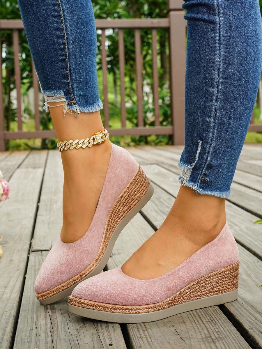 European And American Style Suede Solid Color Slip-On Casual Plus Size Women's Shoes, Spring/Autumn New Pointed Toe Wedge Heel Thick Sole High Heel Pumps - Pink - View 1