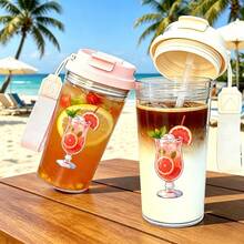 1個/5個 500ml 塑料咖啡外帶杯，清新葡萄柚雞尾酒印花，翻蓋蓋與攜帶繩。適用於冰咖啡、茶和冷飲。明亮的夏季風格禮物，非常適合雞尾酒愛好者、海灘遊客以及在家、辦公室或戶外旅行的日常使用。 - 多色-西柚汁 - 查看 4