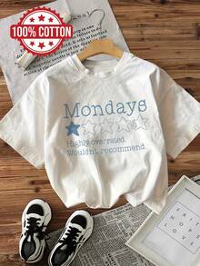Minimalist. 100% Cotton. 1 Piece. Simple Style. Stars. Text. "Mondays Are Definitely Overrated." Pure Cotton Short-Sleeved T-Shirt With A Crew Neck. Spring/Summer Top. - 白色 - 查看 1