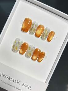 Gold Magnetic Cat Eye Design Handmade Press-On Nails For Women (Measure Before Ordering) - Gold - View 1