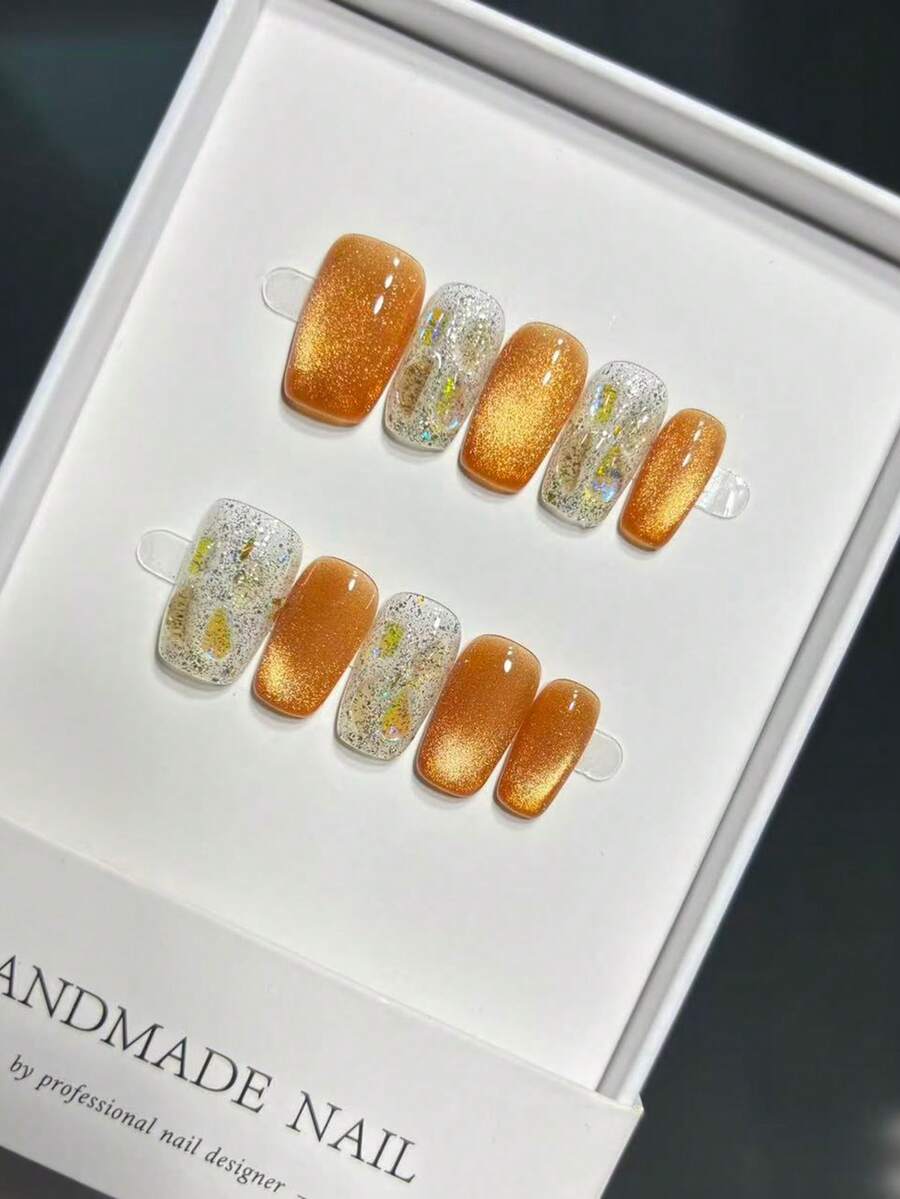 Gold Magnetic Cat Eye Design Handmade Press-On Nails For Women (Measure Before Ordering) - Gold - View 1