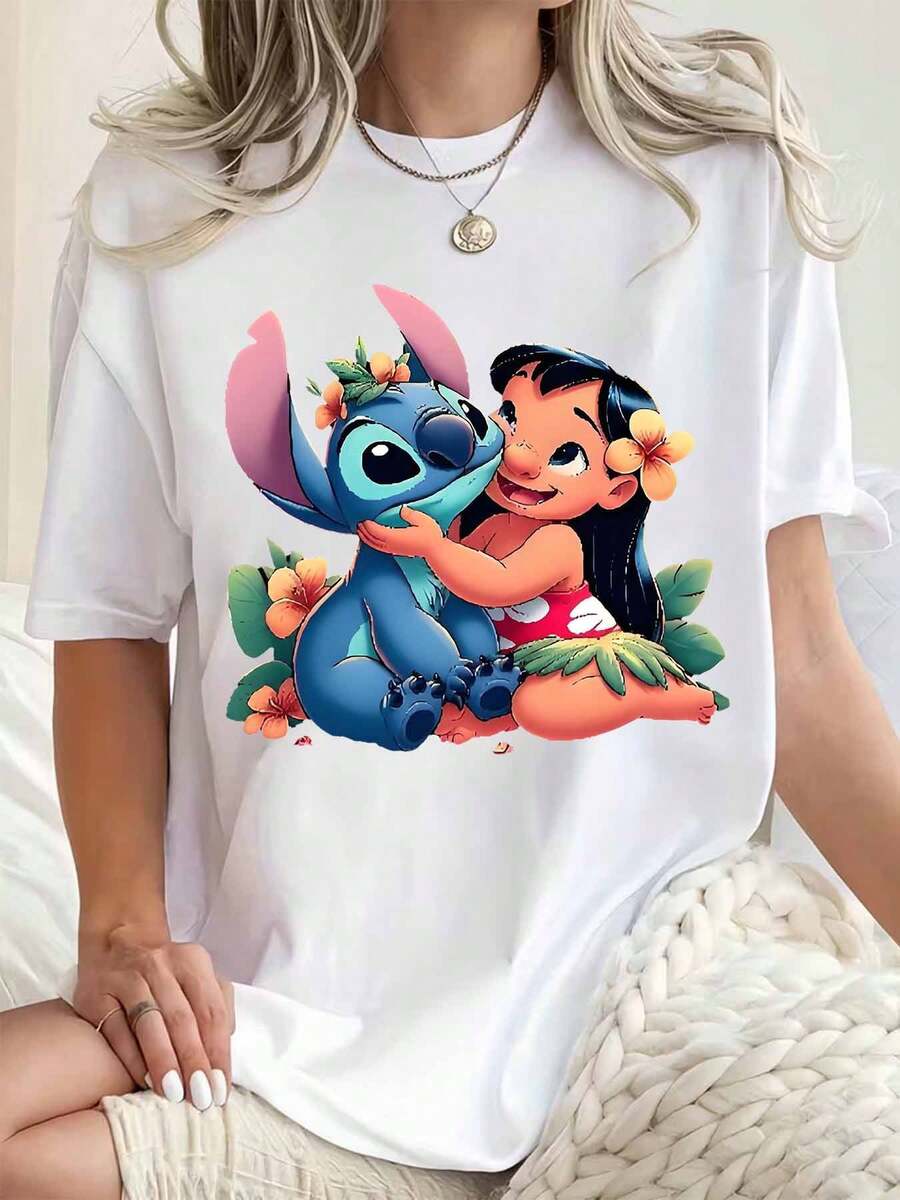 Disney Women Round Neck T Shirt Lilo And Stitch Cartoon Print Summer Casual Wear For Women 220g - 白色 - 查看 1