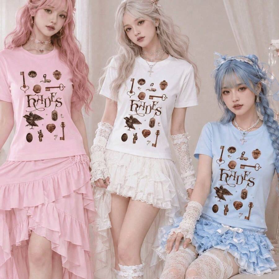 Hades Printed Dark Vintage T-Shirt, 100% Cotton - 嬰兒粉 - 查看 1