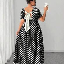 dagjydgfyja  Vestido de manga corta con cuello de mariposa con lazo y estampado de lunares elegante y vintage para mujer de talla grande, primavera/verano - Azul marino - Ver 5