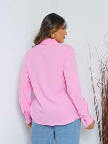 Women's Long-Sleeved Plain Dress Shirt With Buttons Down The Front - Pink - View 4