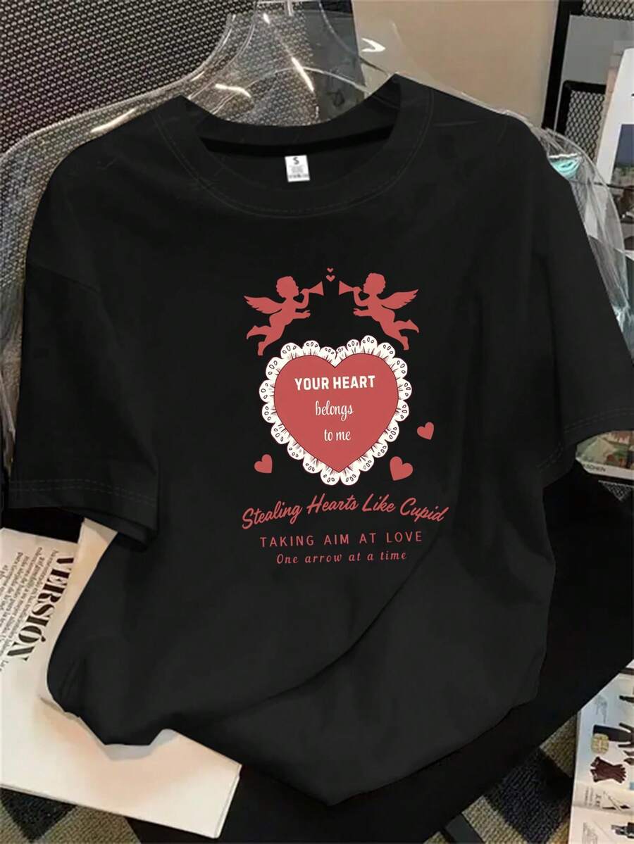 Top de mujer de manga corta y cuello redondo con estampado del logo de tu blog "Heart Blog", apto para todas las estaciones. - Negro - Ver 1