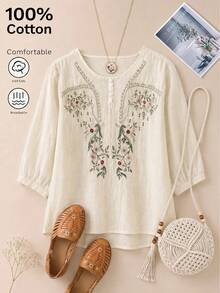 Plus Size Women Summer Vintage Casual Vacation Heavily Embroidered Floral Blouse - Apricot - View 2