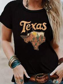 SummerCamiseta ajustada gráfica de desierto de Texas para mujer - Top casual de verano negro con diseño de montaña de cactus, cuello redondo transpirable, lavable en máquina, ajuste regular para ropa de exterior y casual, ropa de todas las estaciones, camisa de ajuste relajadoLoose Versatile Short Sleeve T-shirt for Women - Negro - Ver 1