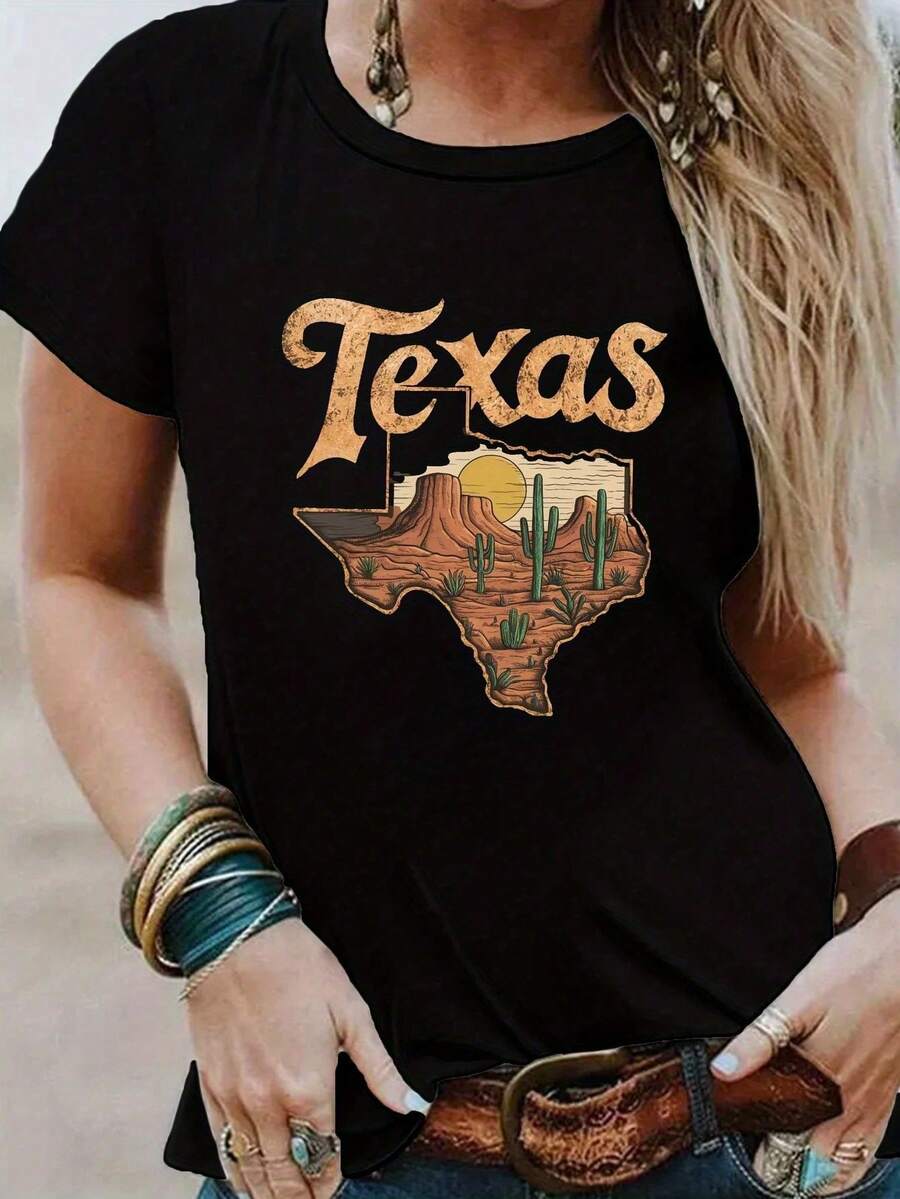 SummerCamiseta ajustada gráfica de desierto de Texas para mujer - Top casual de verano negro con diseño de montaña de cactus, cuello redondo transpirable, lavable en máquina, ajuste regular para ropa de exterior y casual, ropa de todas las estaciones, camisa de ajuste relajadoLoose Versatile Short Sleeve T-shirt for Women - Negro - Ver 1
