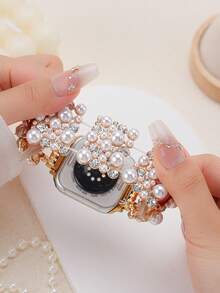 1pc Women/Girls Fashion Unique Faux Pearl Full Rhinestone Elastic Watch Band, Compatible With Apple Watch Series 11 10 9 8 7 6 5 4 3 2 1 And Ultra 1/2/3 SE Series (Applicable Sizes: 38mm 40mm 41mm 42mm 44mm 45mm 46mm 49mm). Exquisite Wristband Replacement Accessory, Perfect Gift For Girlfriend, Friends And Family, Suitable For Valentine's Day, Birthday And Mother's Day (Band Only). - Gold - View 7