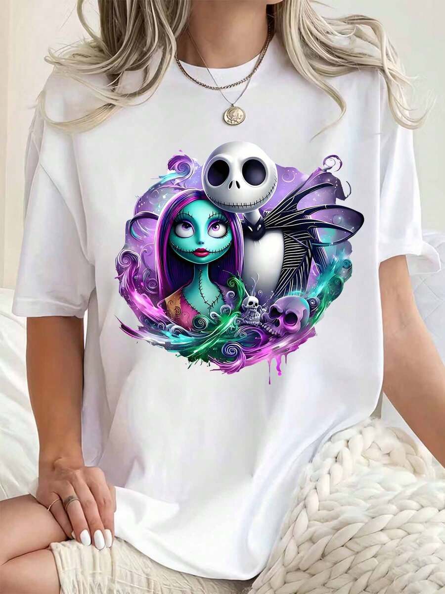 Disney Women Round Neck T Shirt Jack Skellington And Sally Print Halloween Costume Party 220g - 白色 - 查看 1