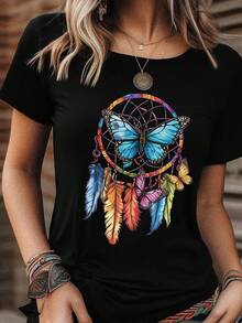 Casual Blouses For Women, Black T-Shirt With Rainbow Dreamcatcher, Blue Butterfly And Colorful Feathers, Short Sleeve, Bohemian Style Women's Tops, Ideal For Daily Use And Summer 2026. - 黑色 - 查看 1
