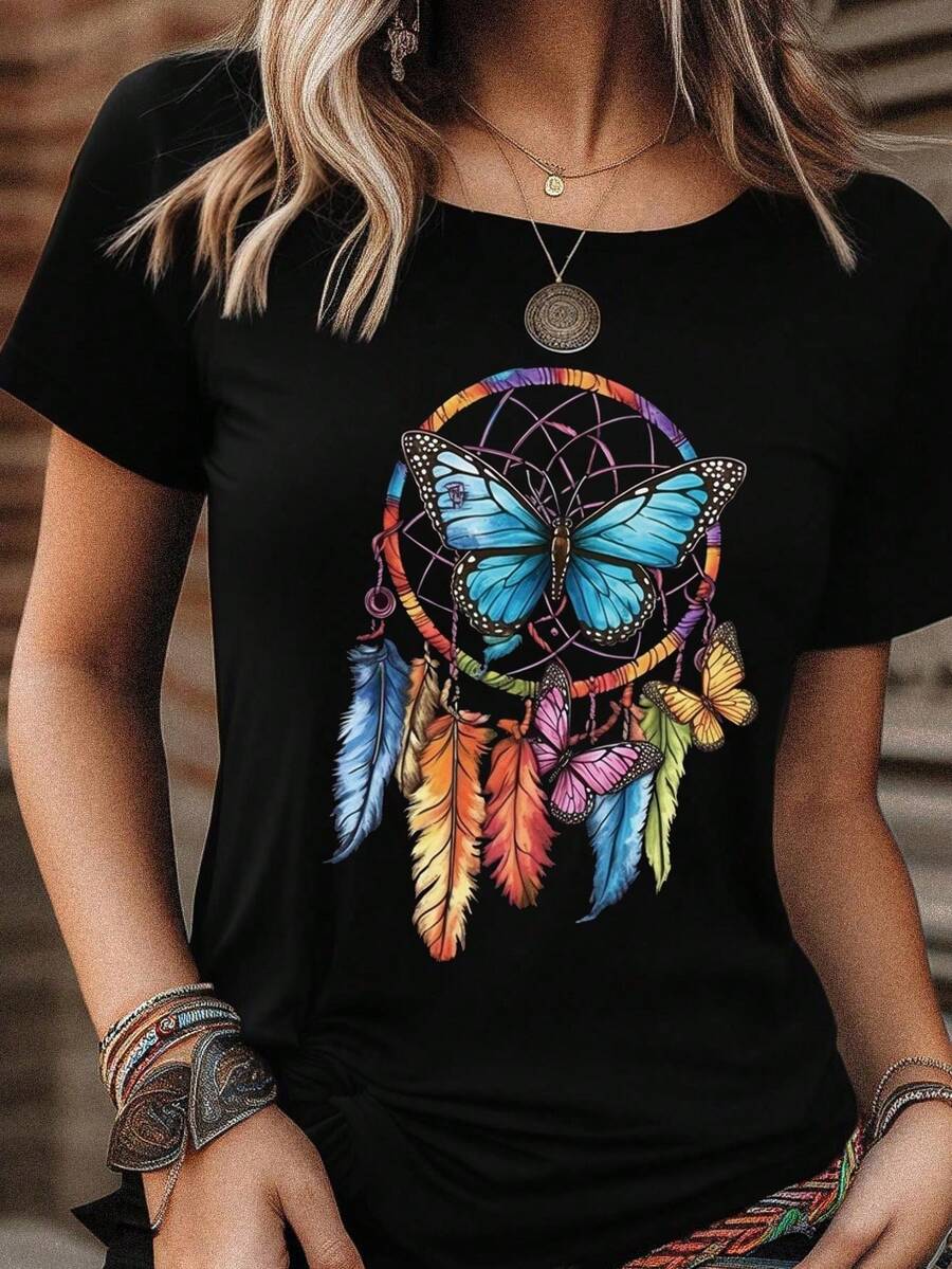 Casual Blouses For Women, Black T-Shirt With Rainbow Dreamcatcher, Blue Butterfly And Colorful Feathers, Short Sleeve, Bohemian Style Women's Tops, Ideal For Daily Use And Summer 2026. - 黑色 - 查看 1
