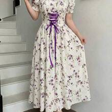 xuehuamaoyi02  PETITE Vestido maxi elegante de vacaciones con cuello de volantes, mangas de pétalos, cintura con lazo y estampado de parches florales románticos en rosa - Naranja - Ver 8