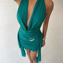 Fengyu Women's Clothing Store Vestido mini verde con cuello drapeado de malla sexy, espalda descubierta y bajo con volantes, silueta ajustada, adecuado para fiestas, festivales de música, vacaciones en la playa, temporada de bodas - Cafetería - Ver 10