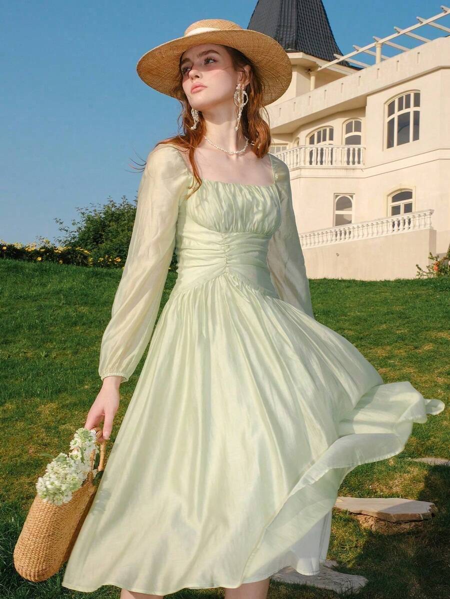 xhexheVestido de manga larga con cuello cuadrado, busto fruncido y unicolor elegante, para veranoxhexhe - Verde - Ver 1