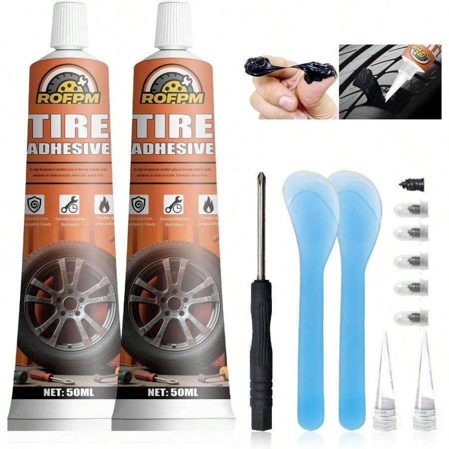 Tire Repair Glue Kit - 3.38 Floz Rubber Cement Tire Repair Adhesive Black Tire Sidewall, Car, Motorcycle, Bike, Truck (50ml*2 - A - View 1
