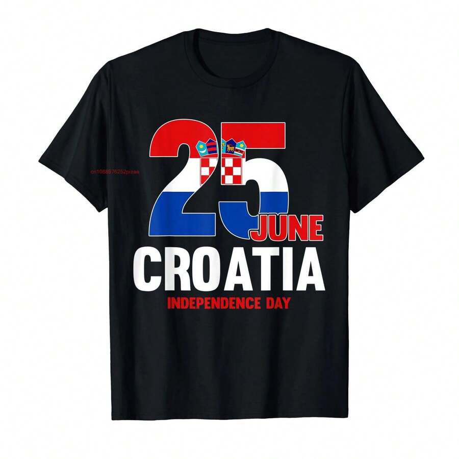 100% Cotton Funny Croatian Independence Day 2023 Patriotic Flag Of Croatia T-Shirt Men Women Unisex Sizes S-6XL - 黑色 - 查看 1