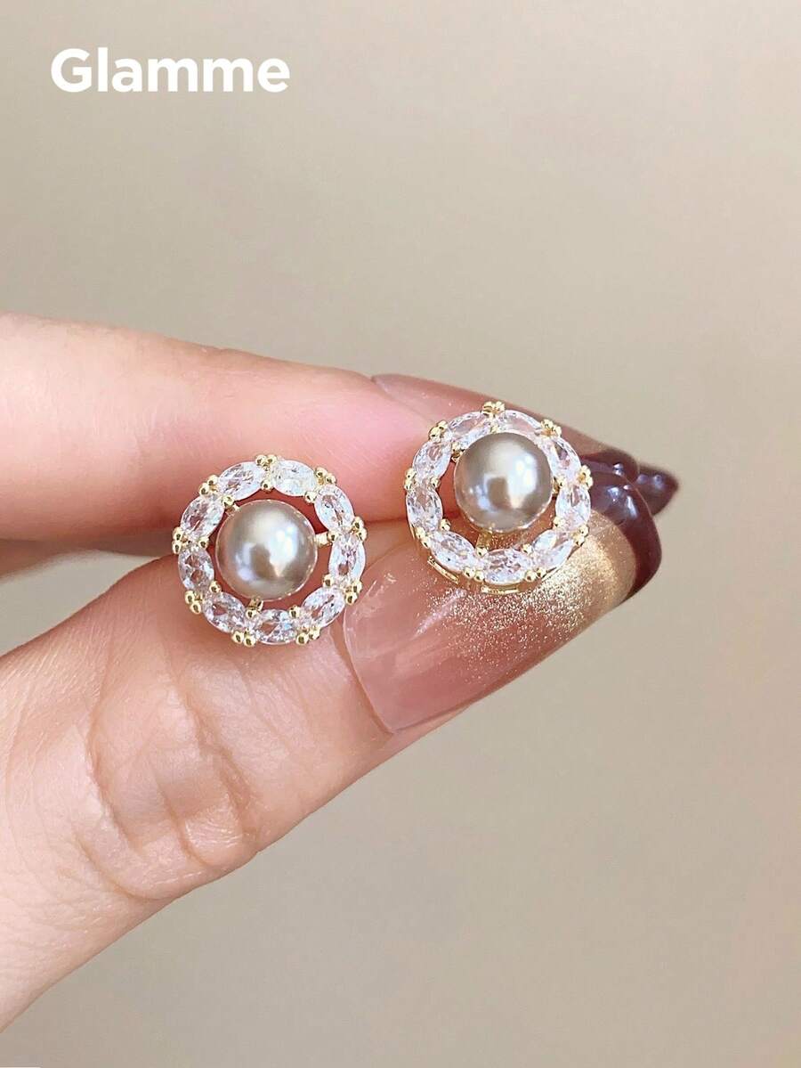 1 par de pendientes de botón de perla y circonita color oro champán para mujer, pendientes de lujo para ir al trabajo, sencillos y versátiles, para uso diario y fiestas de noche - Café - Ver 1