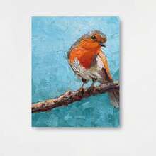 Una pintura al óleo sobre lienzo pintada a mano - Alegres pájaros pequeños posados en ramas - una mezcla perfecta de colores y texturas delicados, que encarna la hermosa calidez de la naturaleza, ideal para la decoración moderna del hogar, creando un ambiente agradable - Enmarcado - Ver 1